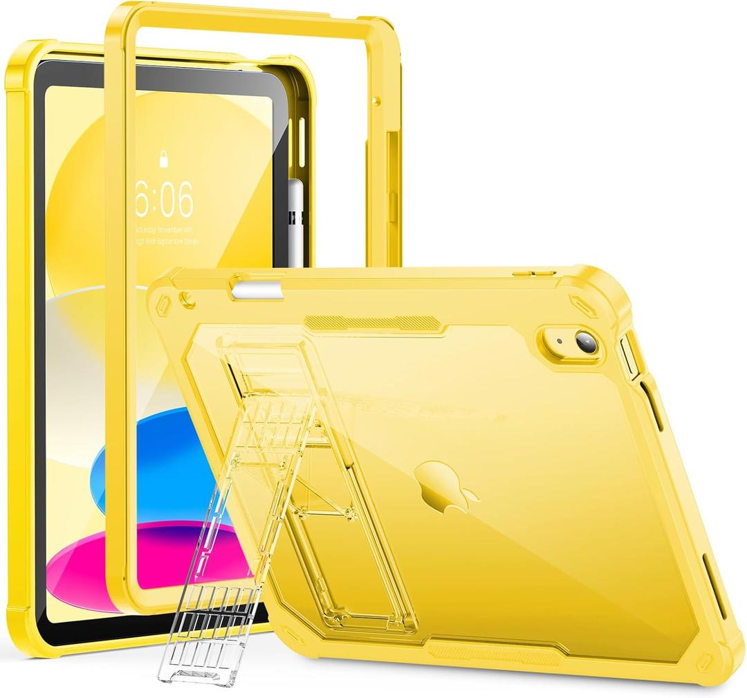 INFILAND Kids Case for iPad A16 11 inch 11th Generation,iPad 10th Generation Case 10.9 Inch, Heavy Duty Shockproof Protective Cover with Stand, Glitter Clear Cute Shell for Girls, Women (Solid Yellow)