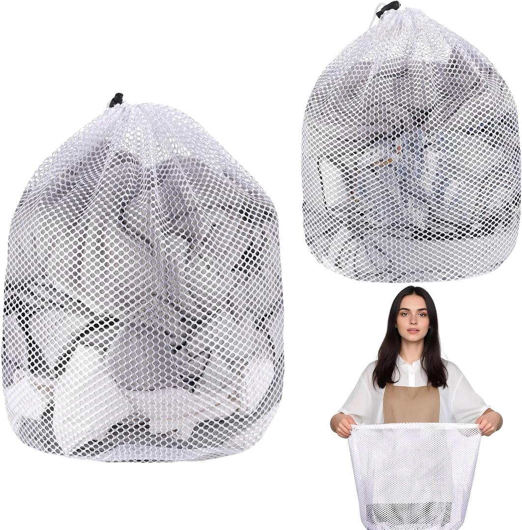 2 Pcs Mesh Sock Bag for Washing Machine, Washable Drawstring Design Travel Laundry Bags, Garment Washing Bags for Laundry Storage for Home Dorm Hotel Travel（11.8×15.7inch, 15.7×19.7inch）