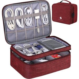 ORIENT FAMULAY Travel Electronics Organizer, Waterproof Cable Organizer Bag for Electronic Accessories Double Layer Large Shockproof Cable Storage Bag for Cord, Power Bank, Tablet(Up to iPad 11 inch) - Wine Red