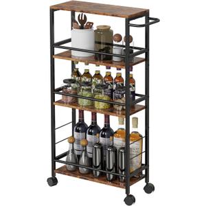 Slim Rolling Cart, 4-Tier Kitchen Storage Rolling Cart, Narrow Cart with Handle, Mobile Utility Cart for Small Space, Shelving Unit for Kitchen, Dining Room, Living Room, Home Office, Laundry Room