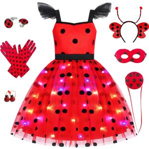 SZ-TONDA Girls Light up Ladybug Costume - Kids LED Princess Dress up Halloween Birthday Party Cosplay Outfit Clothes Apparels (7-8years)