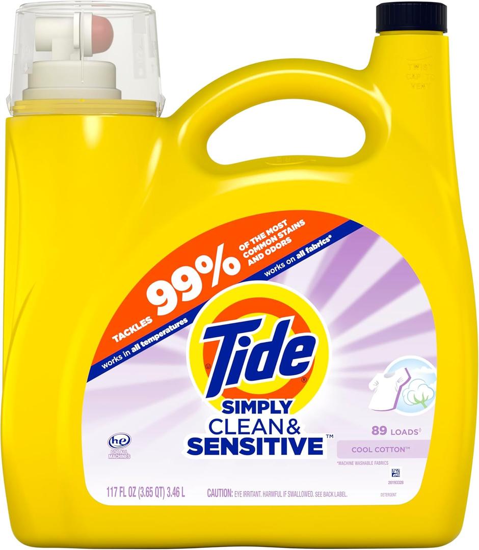 Tide Simply Clean & Sensitive Laundry Detergent, Cool Cotton Scent, 89 Loads, 117 Fl Oz, Tide Laundry Detergent, Laundry Soap