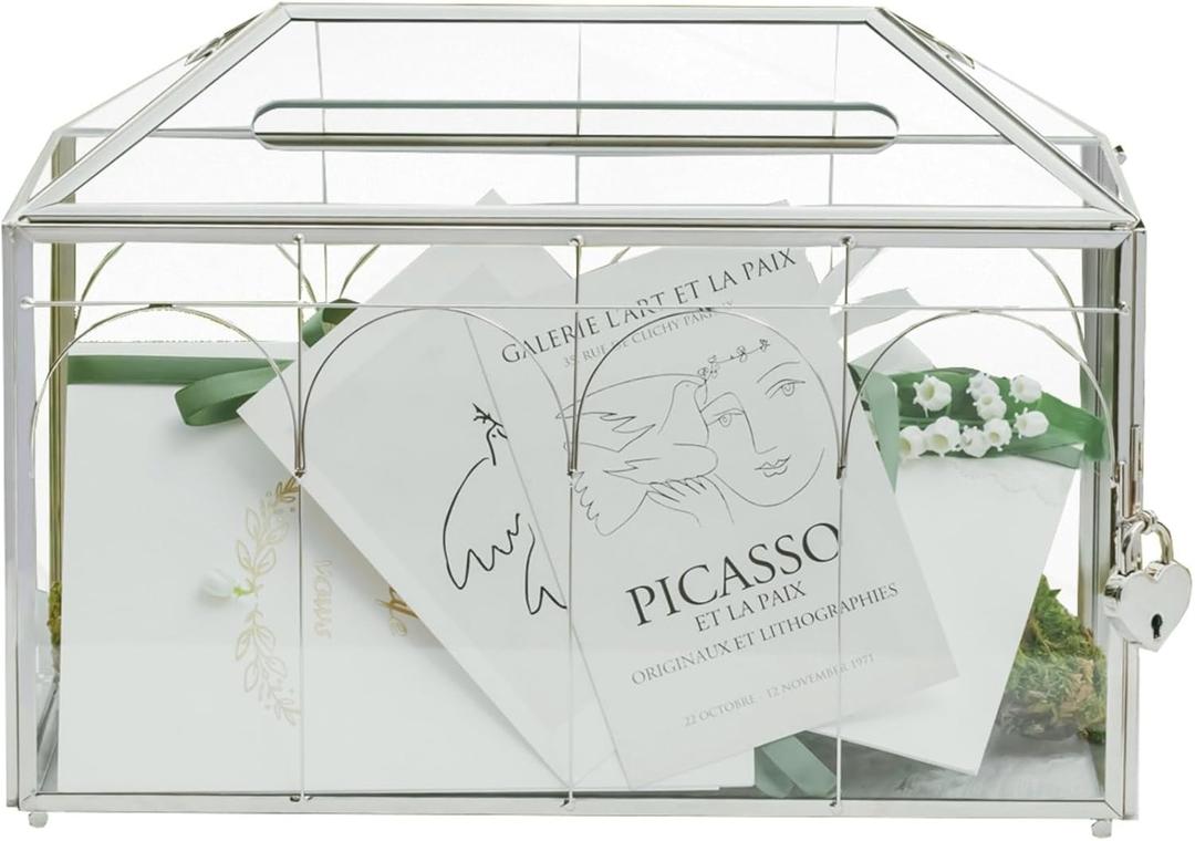 NCYP Glass Cards Box with Slot & Lock for Wedding - 12.6" x 5.9" x 9" Vintage Geometric Terrarium, Wishwell, Party, Home Reception, Tabletop Decor, Silver (Glass Box Only)