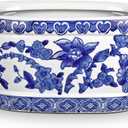 Blue and White Ceramic Planter Pot Vintage Floral Oval Cachepot Vase for Indoor Plants, Flowers & Succulents Glazed Chinese Porcelain Style Decorative Bowl 7.4" Size No Drainage