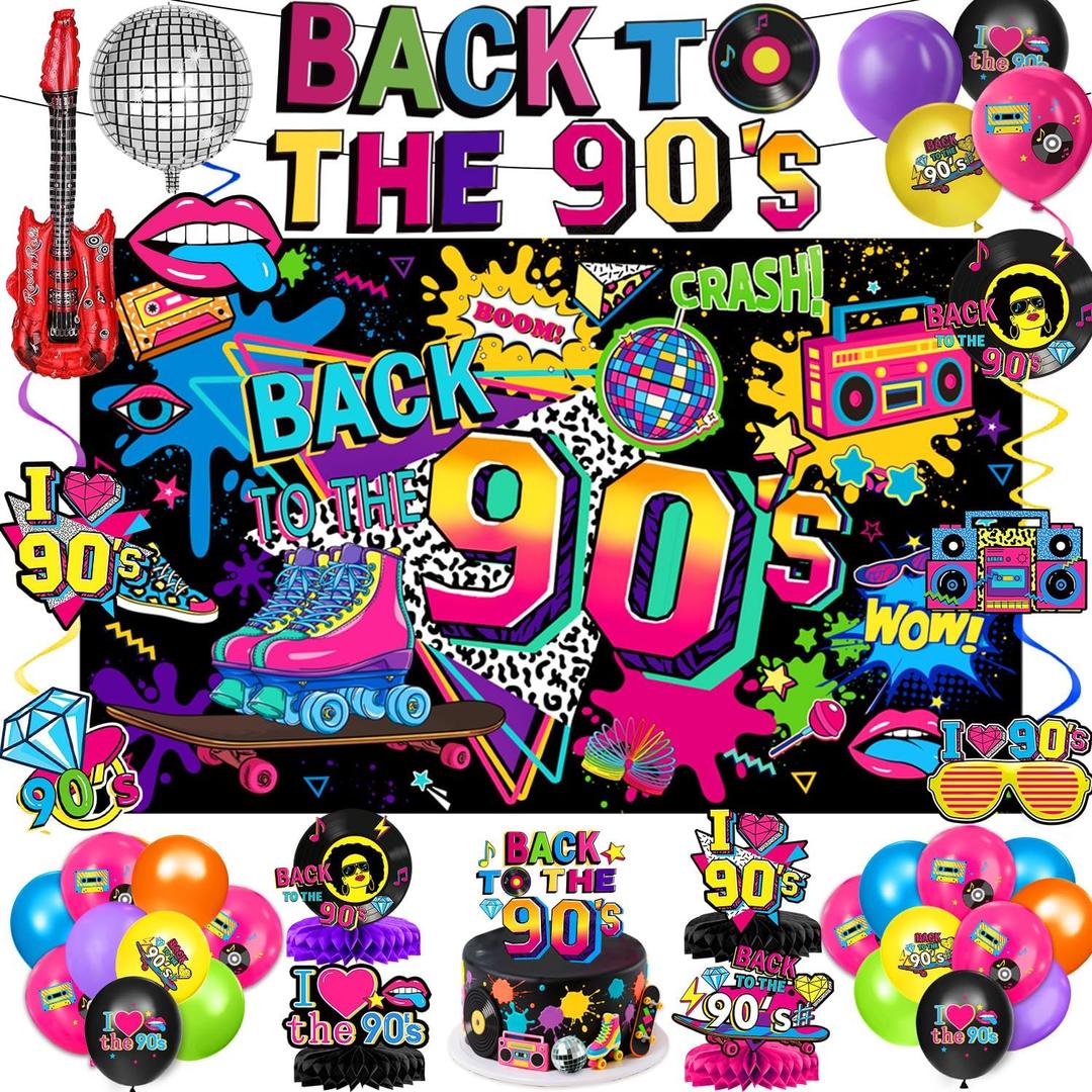 90s Party Decorations Includes 90's Backdrop, Foil & Latex Balloons, Cake & Cupcake Toppers, Honeycomb Centerpieces Banner, Hanging Swirls for 80s 90s Party Decorations