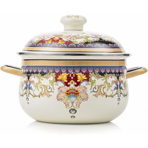 Retro Flower Enamel Stockpot with Lid,Stockpots for Cooking (5L-Mysterious Flower) (Ivory -5QT)