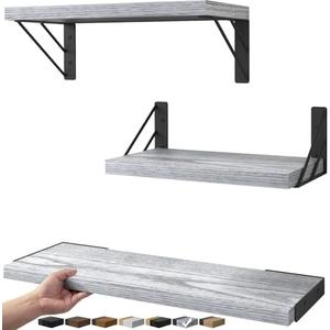 BAYKA Wall Shelves for Bedroom Decor, Floating Wall Shelves for Living Room Kitchen Storage, Mounted Rustic Wood Floating Shelves for Kids Books,Corner Shelves for Bathroom(Gray White，Set of 3)