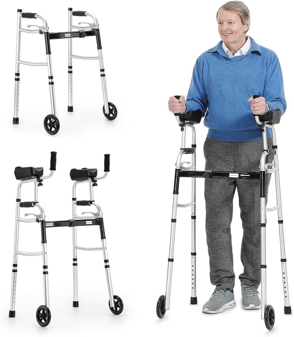 OasisSpace Folding Walker - Standard Walker with 5 Wheels and Removable Padded Armrests 300lbs, Platform Walker with Arm Support for Senior, Handicap & Disabled