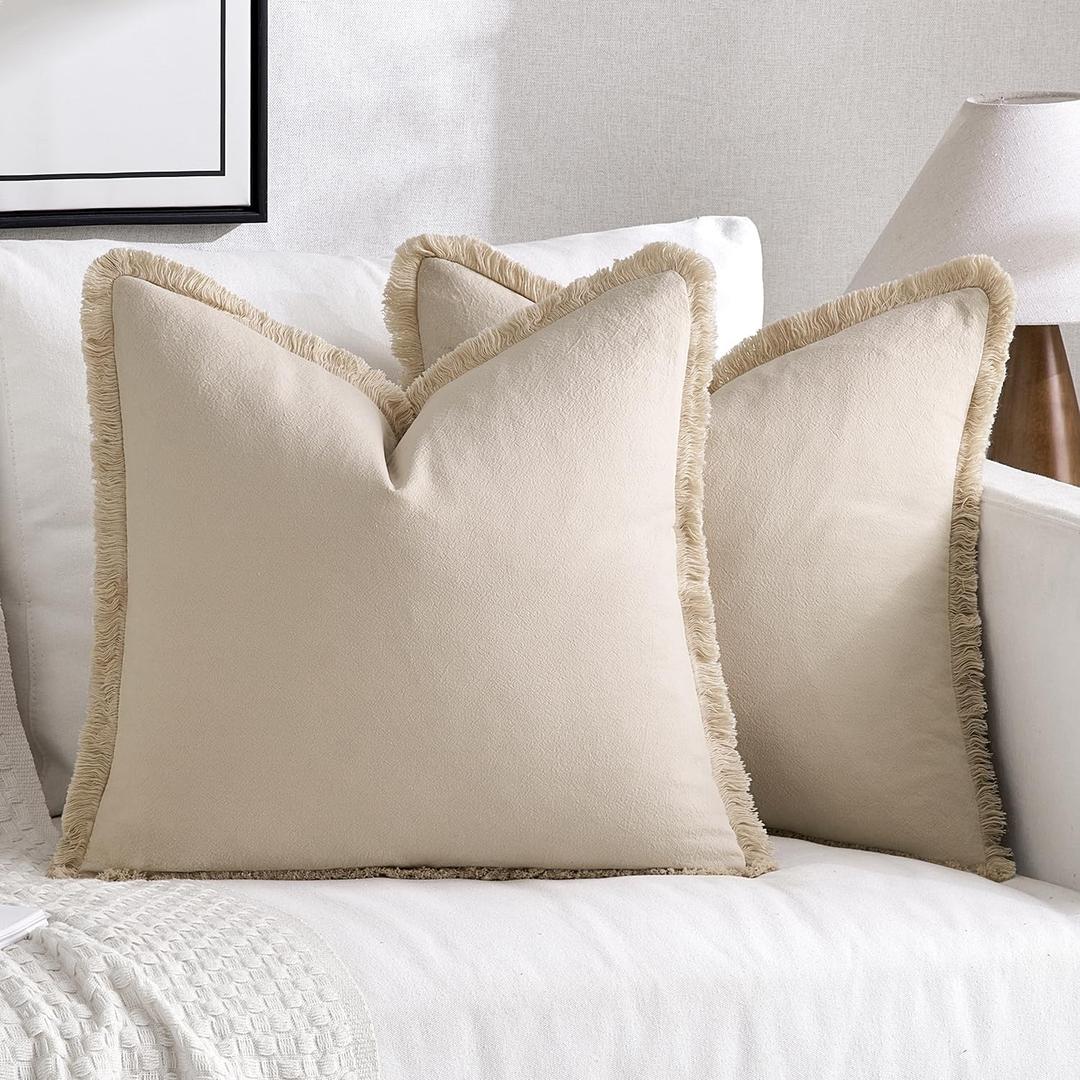 MIULEE Throw Pillow Covers Boho Farmhouse 18x18 Set of 2 Decorative Beige Couch with Fringe Chic Cotton Pillowcases Home Decor Accents for Cushion Soft Bed Living Room (18" x 18" (Pack of 2), Beige)