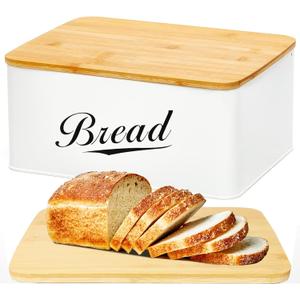 RoyalHouse Modern Metal Bread Box with Bamboo Cutting Board Lid, Bread Storage Container for Kitchen Counter, Vintage Kitchen Decor Organizer (Style 1)