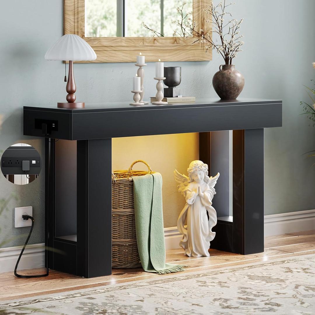 Unikito 47" Entryway Table with Sensor Light & AC Outlets with USB-C Ports, Black