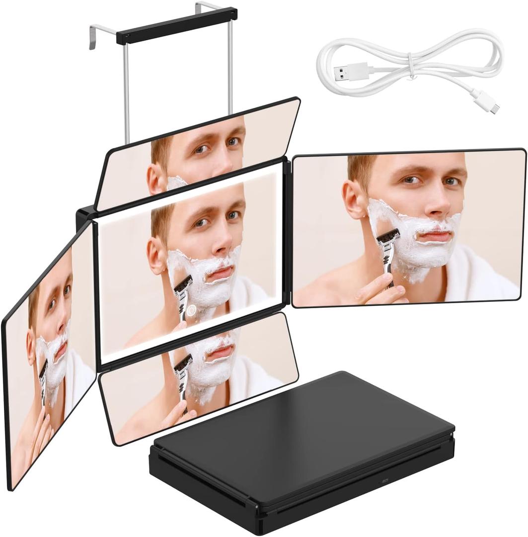 OLIBUY 5 Way Mirror, 360 Mirror for Self Hair Cutting and Brading Hair, Clear Anti-Fog HD Glass, USB Rechargeable, Portable Height Adjustable Telescoping Hooks