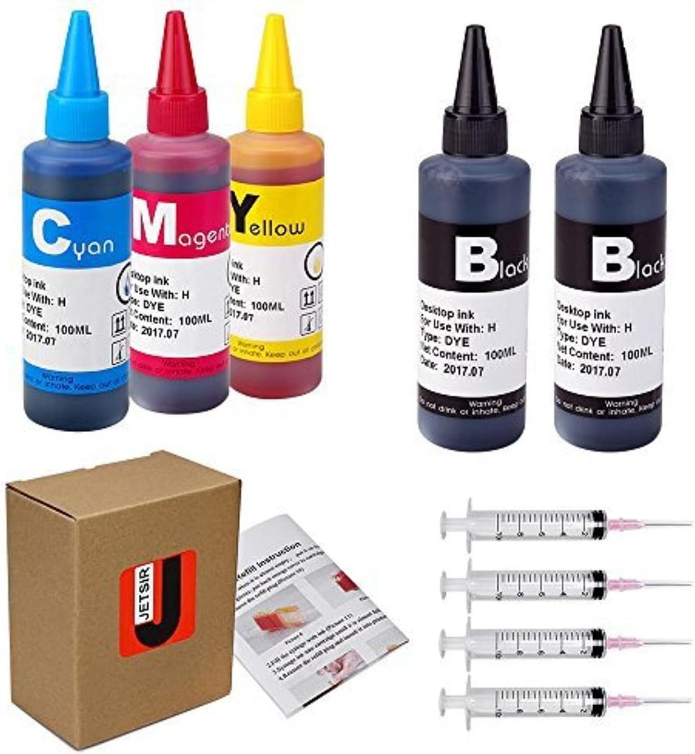 4 Color Ink Refill kit for HP 950 951 932 933 60 61 952 902 901 62 63 21 22 920 940 934 564 711 970 971 94 95 96 Ink Cartridge (2 Black 1 Cyan 1 Magenta 1 Yellow) 100ML x5 Bottle with Syringe