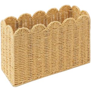 Scalloped Edge Magazine Holder Basket, Khaki Paper Rope Floor Magazine Rack, Woven Magazine File Holder Organizer for Mail, Newspapers & Books, Standing Narrow Storage for Home Office