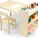 Kids Art Table and Chair Set, Birch Wooden Activity Craft Table, Kids Drawing Table, Toddler Desk with Storage and 1 Chair