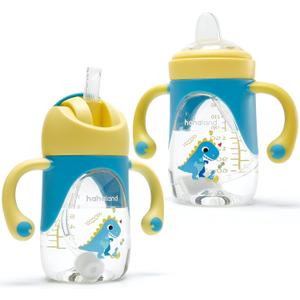 hahaland Sippy Cup for 6+ Month Old - 2 in 1 Spout & Straw Sippy Cups for Toddlers 1-3 No Spill Transition Weighted Straw Toddler Cups - 1 Cup with 2 Nipples