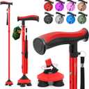 BeneCane Walking Cane for Men & Women Walking Stick for Seniors Folding Canes Quad Cane Adjustable Lightweight Sturdy Collapsible Heavy Duty with Soft TPR T-Handle and Travel Bag (Red)