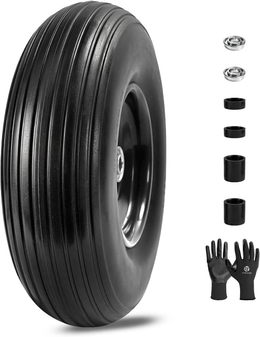 13" Flat-Free Wheelbarrow Tire - 4.00-6 Solid Rubber Replacement Tire for Garden Carts, Gorilla Carts & Hand Trucks, with 5/8" or 3/4" Bearings, Heavy Duty Utility Tire (1 Pack), 1 PCS
