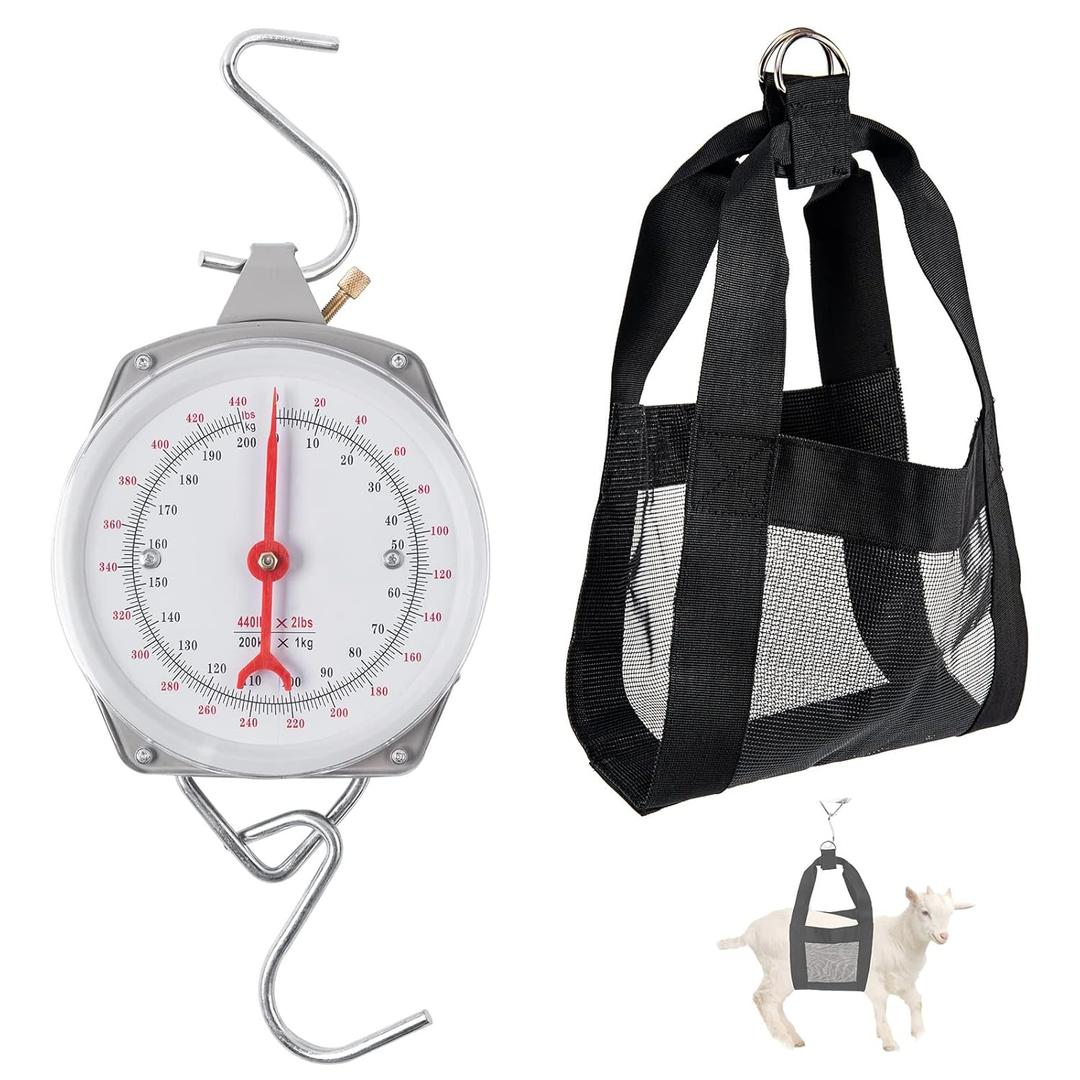 Mechanical Hanging Scales 440lb/200kg, Calf Sling and Hanging Weight Scale 2 in 1 Kit, Weighing Sling for Calves Lambs Goats Newborn Livestock Dogs, High Accuracy Spring Dial Weight Scale