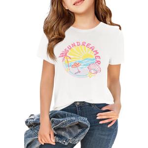 Haloumoning Girls Short Sleeve T-Shirts Kids Cute Graphic Basic Tees Fashion Summer Crewneck Tops 5-14 Years (White)