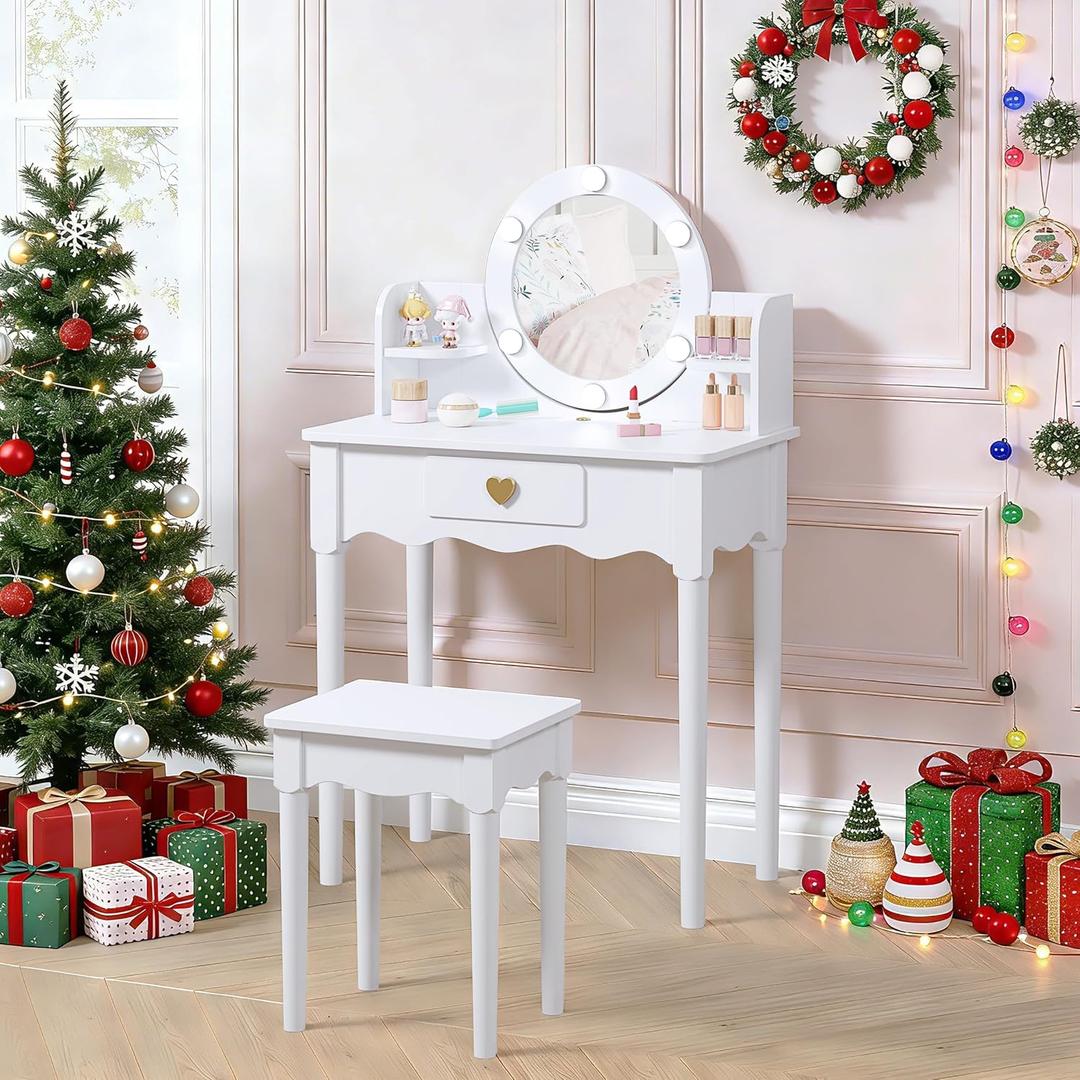 UTEX Kids Vanity, Girls Vanity Set with Mirror and Stool and Lights, Kids Vanity Table and Chair Set,Wooden Princess Makeup Desk Dressing Table, White