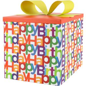 BIOBROWN Medium Birthday Gift Boxes with Lids for Presents, 9x9x9 Inches Text Design Collapsible Gift Box for Birthday, Baby Shower, Party