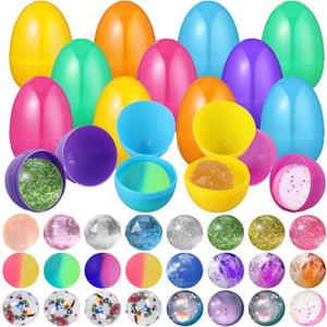 24 Pack Easter Eggs with Bouncy Ball Stuffed Inside Prefilled Easter Eggs Gifts Filled with Toys for Kids Boys Girls Party Favor Hunt Gifts Basket Stuffers, 32mm 6 Styles