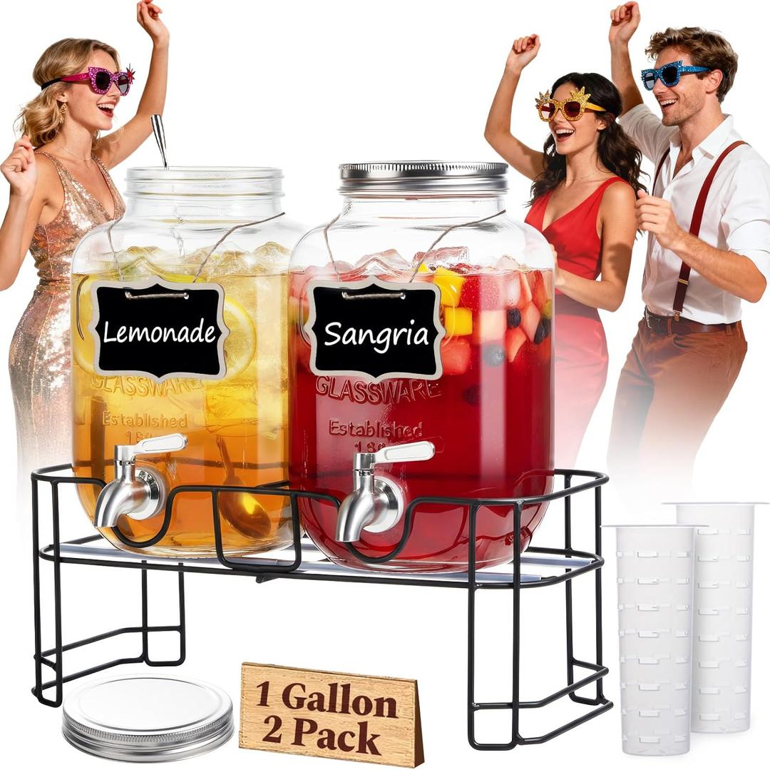 KIKCOIN 2 Pack Glass Drink Dispensers for Parties, 1 Gallon Leakproof Beverage Dispenser with 18/10 Stainless Steel Spigot & Filter & Stand -for Lemonade, Juice, Sun Tea, Punch- ALL DISHWASHER SAFE