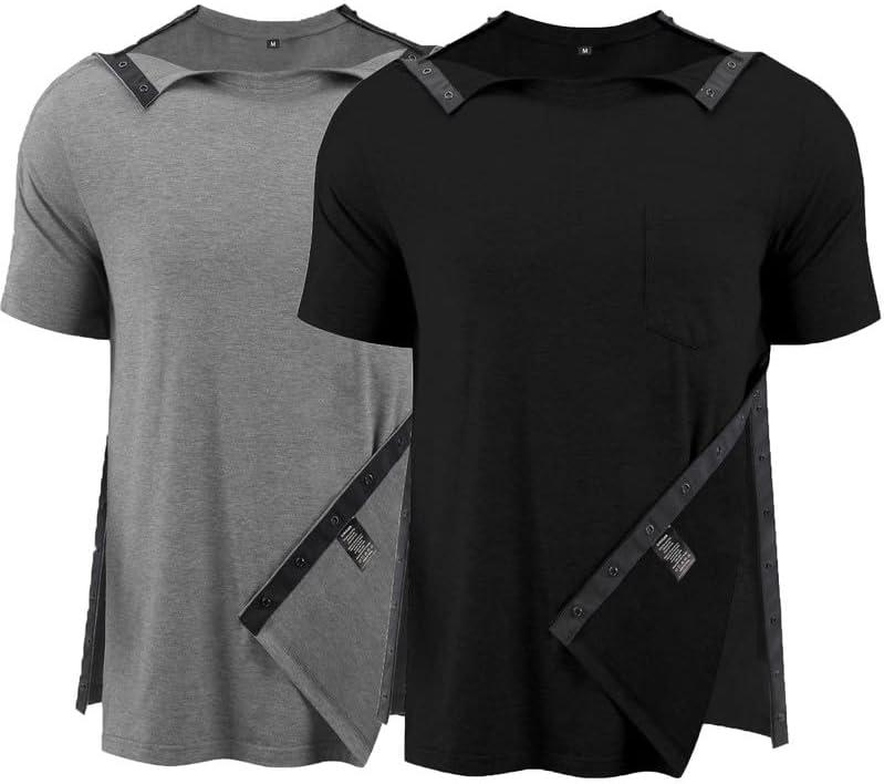 Post Shoulder Surgery Shirts for Men Full Snap Open Tear Away Short Sleeve T Shirt Chemo Port Access Tee Rotator Cuff Surgery XL