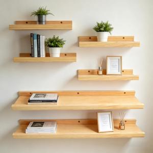 Spruce Solid Wood Shelf, Shelves for Decor Storage Set of 6(Two 23.25inch Ones and Four 12inch Ones) Wall Mounted Wood Shelf for Bedroom, Living Room, Kitchen, Long Picture Ledge Shelves, Natural, 24in