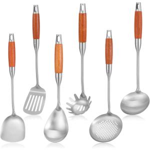 6-Pcs Metal Kitchen Cooking Utensils with Natural Rosewood Handle, Includes Wok Spatula, Ladle, Skimmer, Slotted Spatula Turner, Spaghetti Spoon, Large Spoon