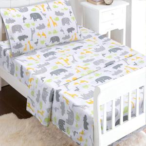 100 Cotton 3 Piece Toddler Sheet Set, Soft Breathable Crib Bedding Set for Boys Includes a Flat Sheet, a Fitted Sheet, a Pillowcase, Safari Fun Animals Elephant Giraffe Hippo Grey (Multicolor)
