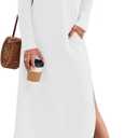 MISFAY Fall Dresses for Women 2026 Casual V Neck Long Sleeve Split Maxi Dress Loose Shirt Dress Solid Outfits with Pockets (White, XXL)