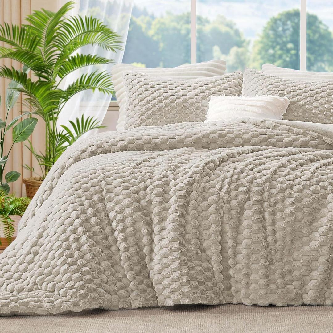 BEDELITE Fluffy King Size Comforter Set - Linen Fleece Soft Comforter for King Size Bed, Luxury Warm Bedding Set for Winter, Fuzzy Bed Set 3 Pieces (1 Comforter, 2 Pillowcases)