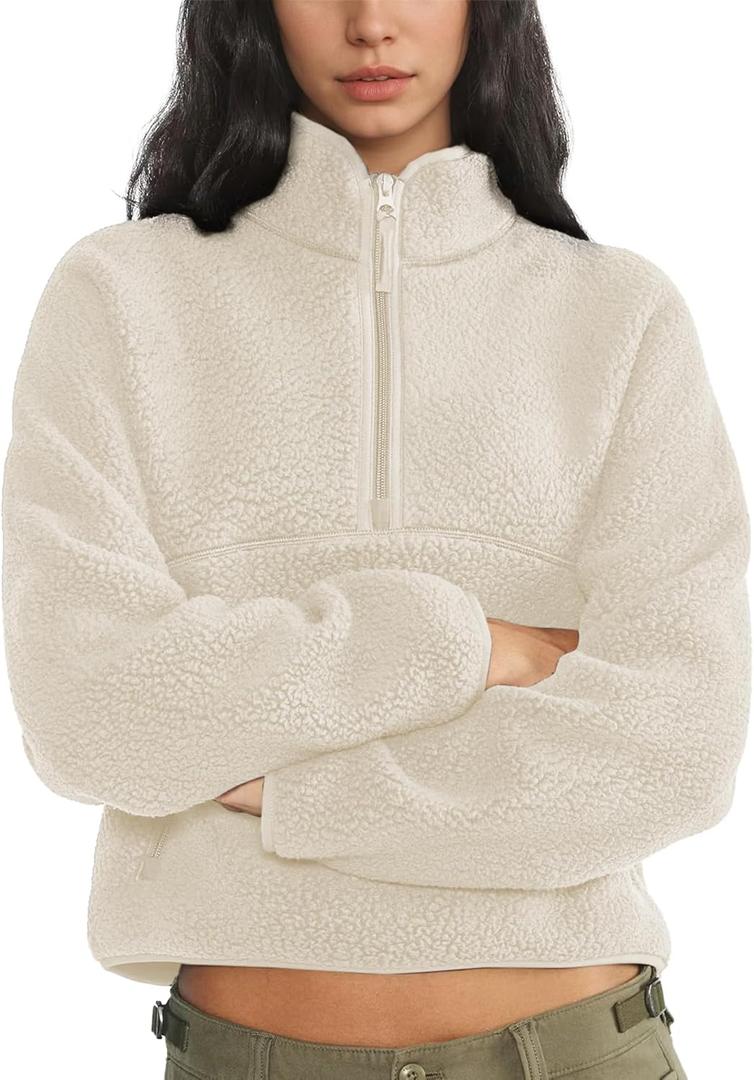 Womens Fleece Sweatshirts Cropped Half Zip Fuzzy Warm Sherpa Pullover Varsity Jackets with Zipper Pockets (Small, Beige)