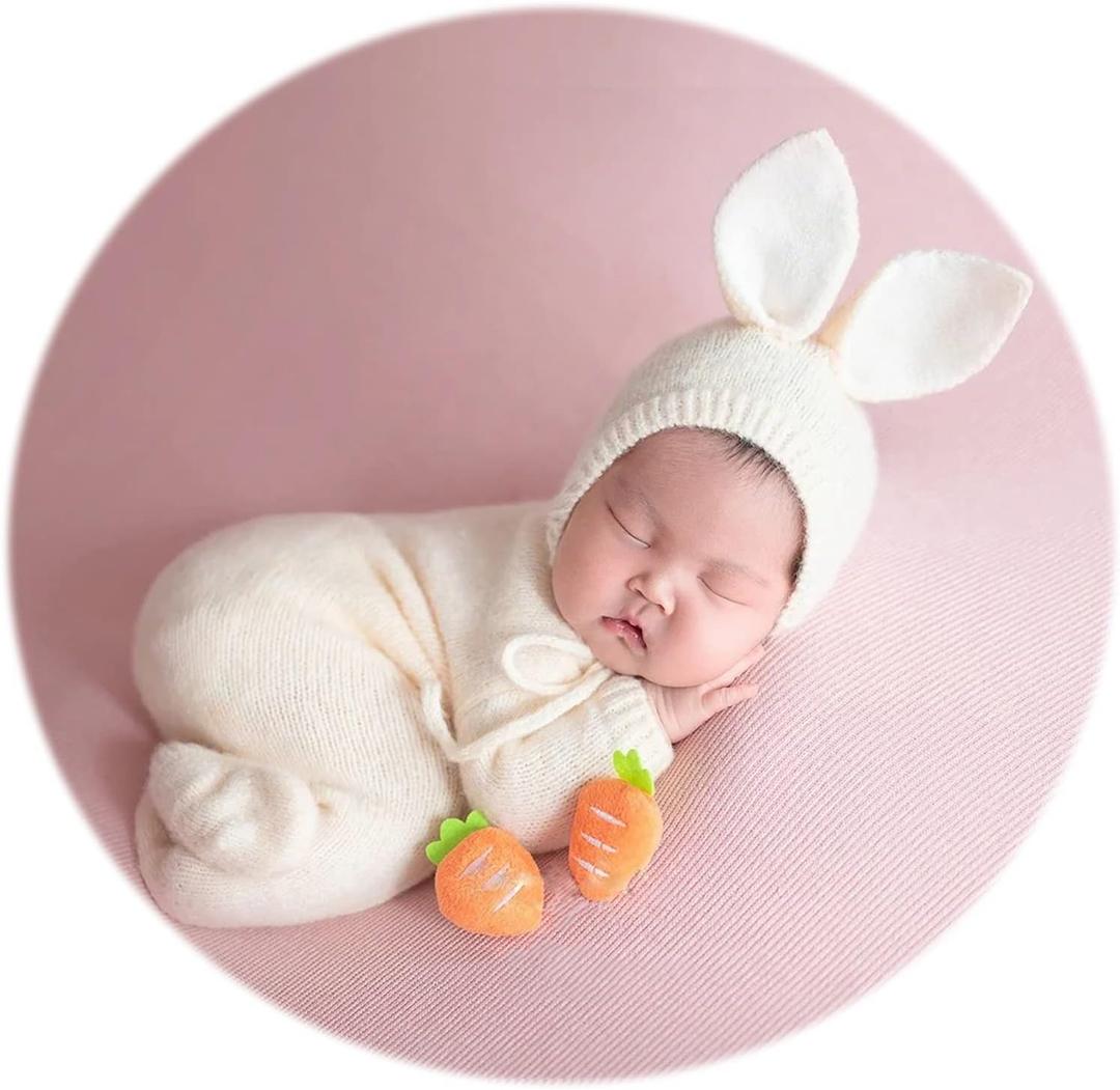 Zeroest Newborn Boy Photoshoot Outfits and Props Bear Bonnet with Footed Romper Infant Baby Photography Crochet Knitted Set (Beige)