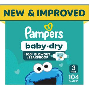 Pampers Baby Dry Ultra Cushiony Diapers, Size 3 (13-26 lbs), 104 Count, Up to 100% Leakproof