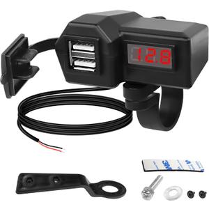 XMSJSIY Motorcycle USB Charger 5V 3.1A Dual USB Phone Charger Adapter Kit Cable with VoltmeterWaterproof and ON/Off Switch,Handlebar Mounting or Diameter Rearview Mirror Holder-1.4M/4.59FT