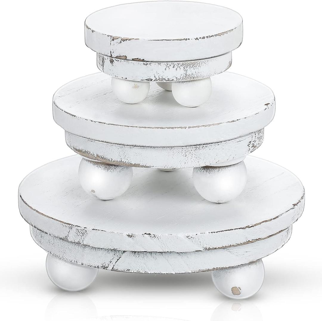Amyhill 3 Pcs 5/4/3 Inch Wooden Risers for Display Wood Pedestal Stand Mini Tray Stand Round Wooden Pedestal Holder Rustic Buffet Cake Riser for Decor Tiered Tray Decor Home Kitchen(Washed White)