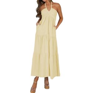 Women's Casual Halter Tiered Vacation Maxi Dress with Pockets (Yellow, M)