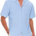 Mens Cotton Linen Short Sleeve Shirts Cuban Camp Button Down Beach Vacation Tops with Pocket (L)