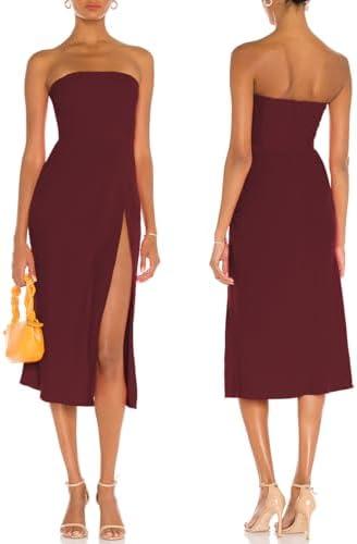 ALENDA DANMOS Women Strapless Midi Dress Tube Top Off Shoulder Summer Dress Thigh High Slit Cocktail Party Dress DD087 Size S