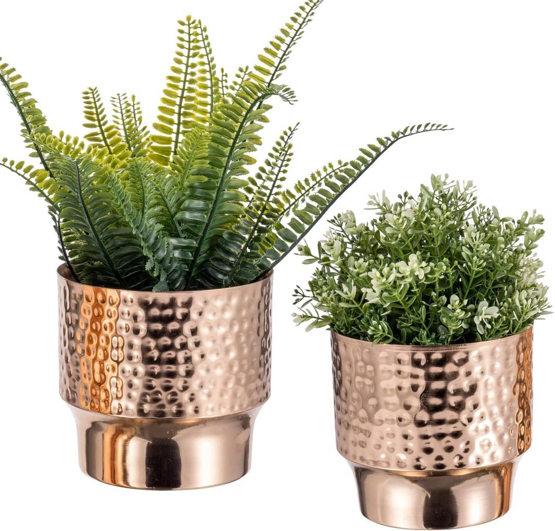 MyGift 5 and 6 Inch Modern Hammered Copper Tone Metal Planter Pots, Decorative Flower Pot Plant Container Centerpiece Dcor, 2 Piece Set - Handcrafted in India
