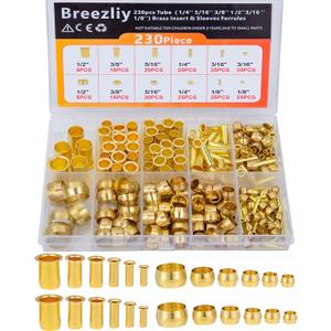 Compression Fittings Assortment kit-6 Sizes(1/8"3/16" 1/4" 5/16" 3/8" 1/2") Brass Compression Sleeves Ferrules & Insert,used to connect lines for air,water,fuel,oil and inert gases