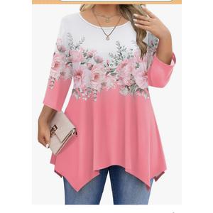 IN'VOLAND Plus Size Tops for Women 3/4 Sleeve Shirts Tunic Tops to Wear with Leggings Loose Fit Summer Fall Clothes, 3X, Pink Floral