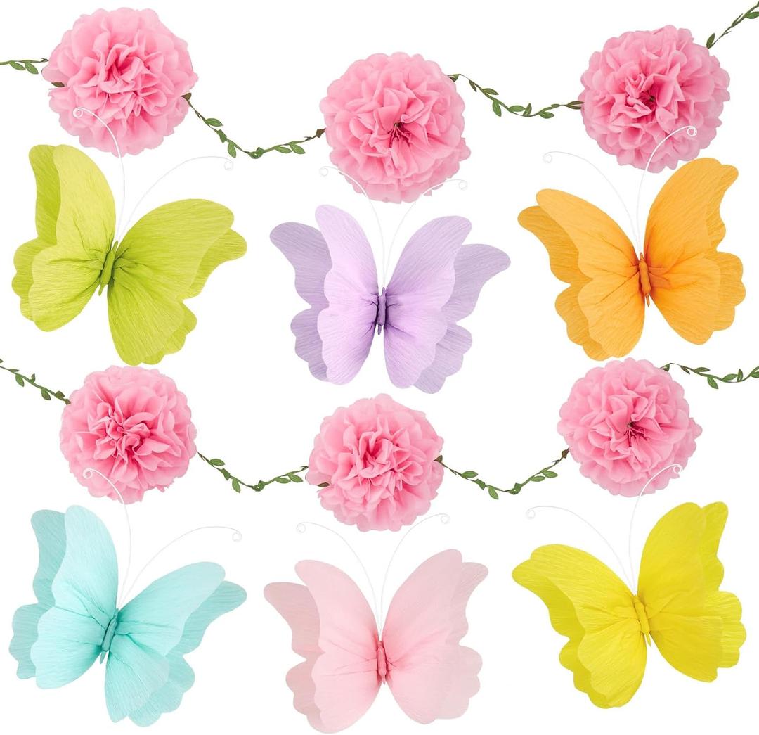 OBBOLO 3D Hanging Butterfly Decorations, Colorful Butterfly Birthday Party Decorations with Tissue Pompom Garland, 6 Pcs Paper Hanging Decorations for Girls, Women, Flower Garden Party Dcor