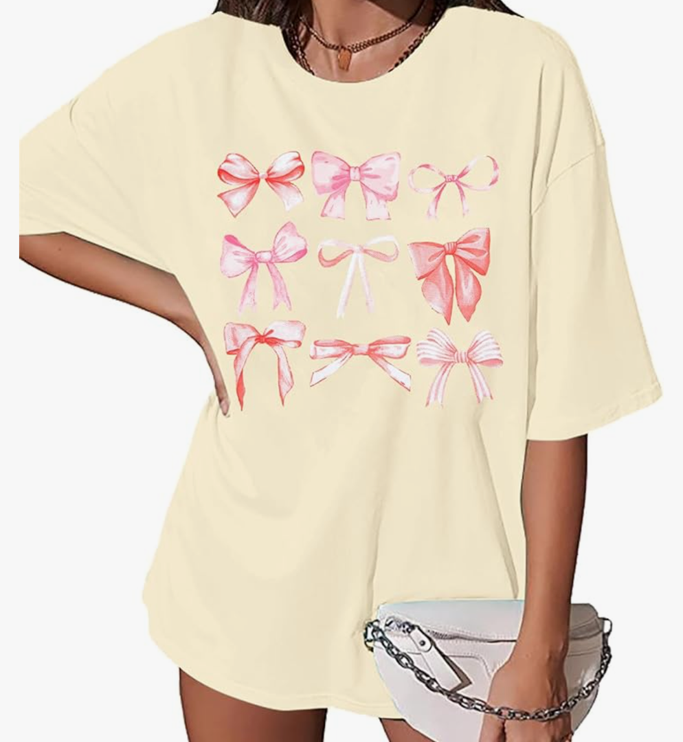 Womens Bow Shirt Coquette Aesthetic Shirt Trendy Pink Girly Tee Watercolor Pastel Bow Oversized Tops.Size Small