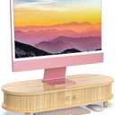 Bamboo Monitor Stand with Storage, Curved Computer Laptop Stand Desk Shelf Organizer with Sliding Doors (25 inch)