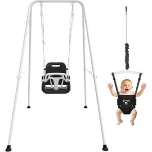 2 in 1 Toddler Swing & Baby Jumper, Foldable Baby Jumper with Soft Cushion, Foldable Indoor & Outdoor Use, Easy to Install & Store Swing Sets for Backyard Play (Black)