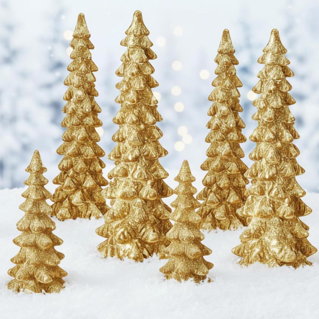 Geetery 6 Pieces Christmas Tree Figurines 10''/8''/6'' Champagne Gold Glittered Christmas Trees Resin Rustic Xmas Table Top Decorations for Tabletop Mantel Shelf Centerpieces Decor